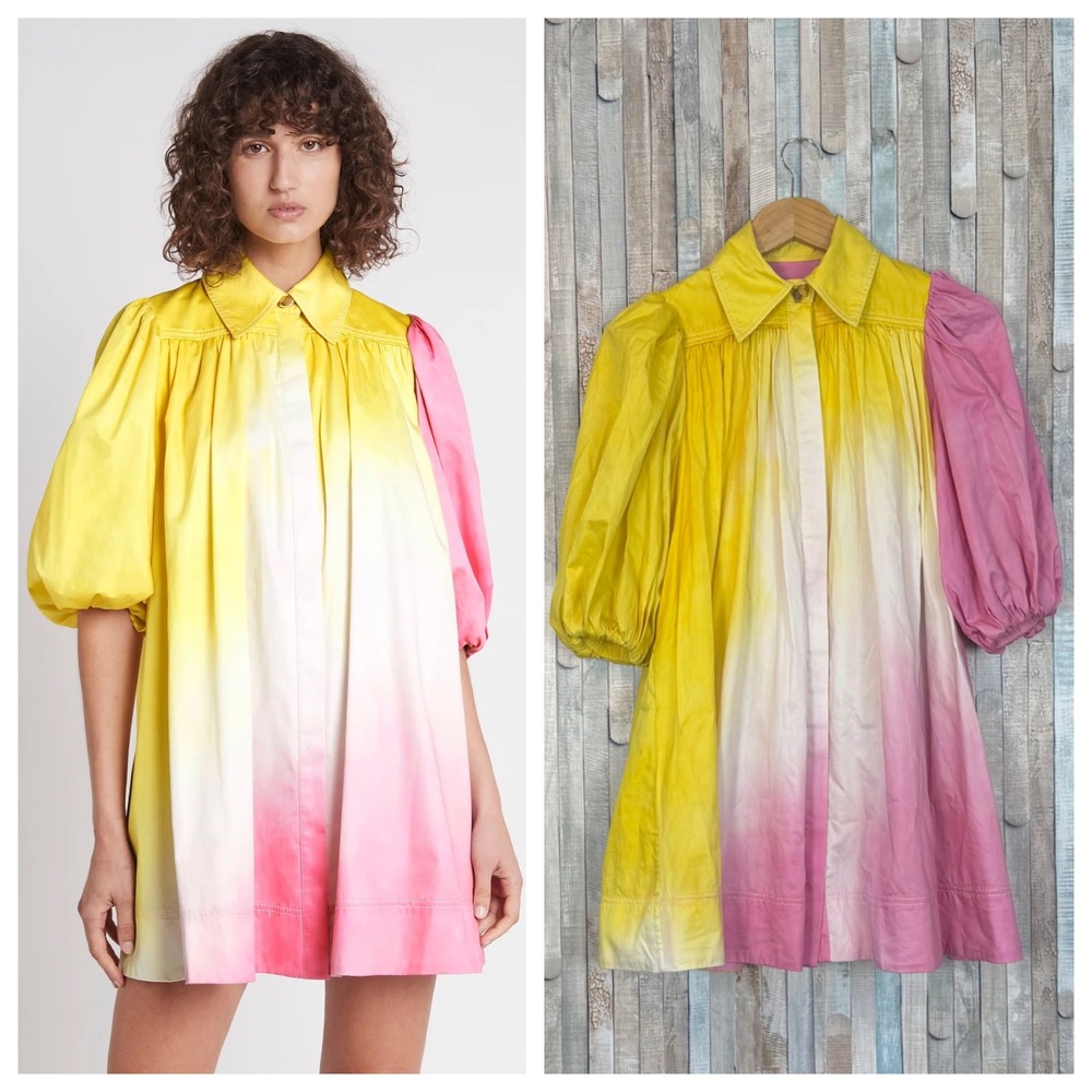 Aje 0 Cloud Burst Smock Mini Shirt Dress Yellow Pink Ombre Tie Dye 100% Cotton